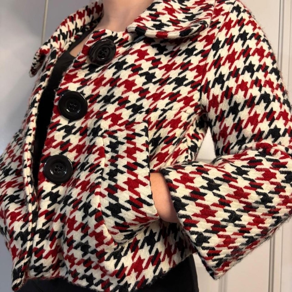 Last Kiss Y2K Red Black Cropped Houndstooth Jacket Oversized Buttons Small